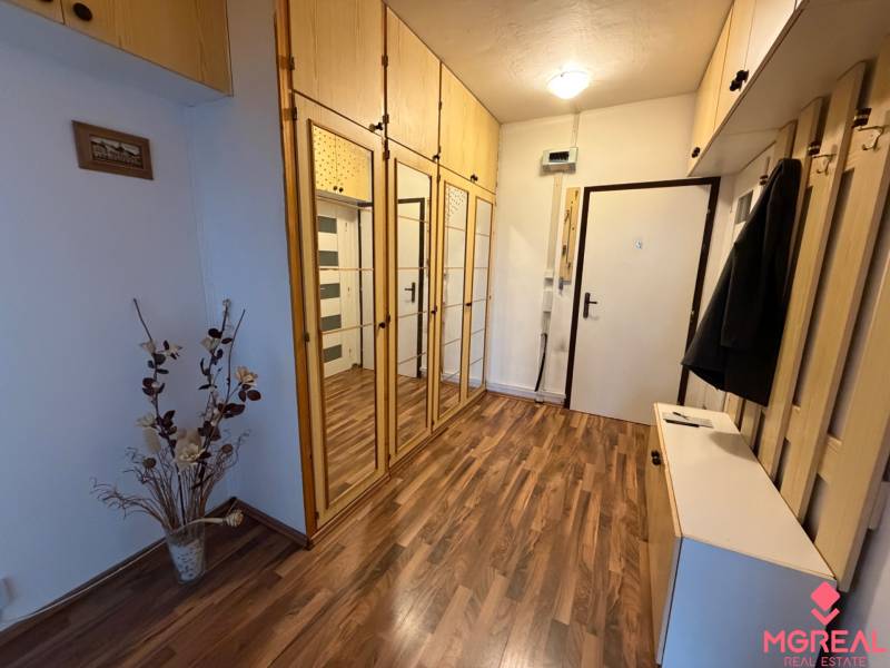 A hallway of a 3-room apartment with a wooden decor floor and mirrored wardrobes.