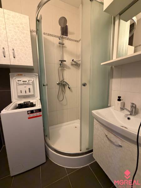 Bathroom with a washing machine, shower, and sink in a 3-room apartment.