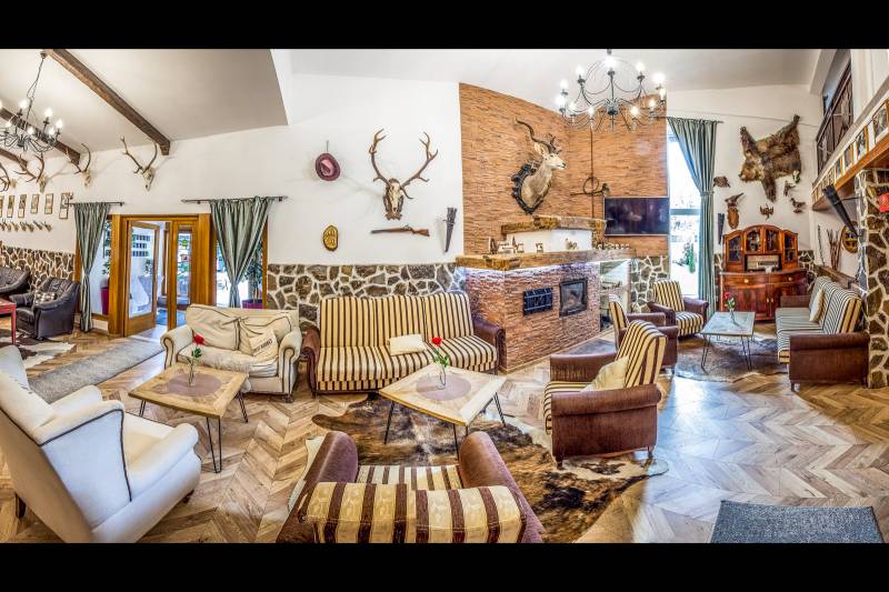 Living room in a holiday apartment with a fireplace, hunting trophies, and a wooden decor floor.