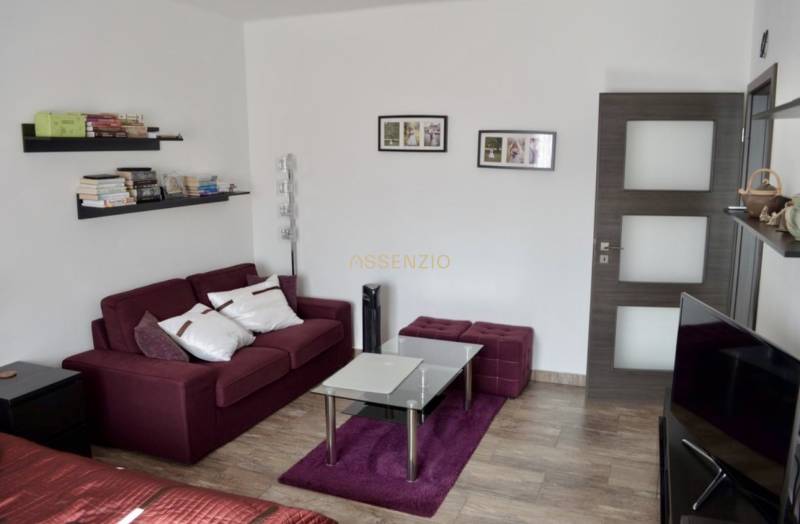 Living room with a burgundy sofa, glass table, and wood-patterned floor.