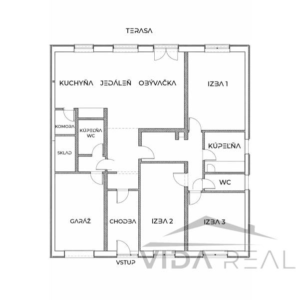 Floor plan of a family house with three rooms, a garage, a terrace, and a kitchen connected to the living room.