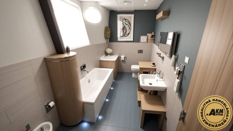 Bathroom in a family house with a sink, bathtub, and toilet. Floor with wood decor.