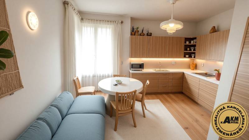Bright kitchen in a family house with wooden decor, blue sofa, and round table.
