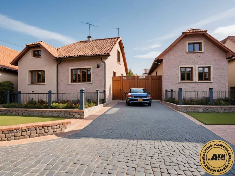 A family house in Babiná with a car on a paved yard and a garden.