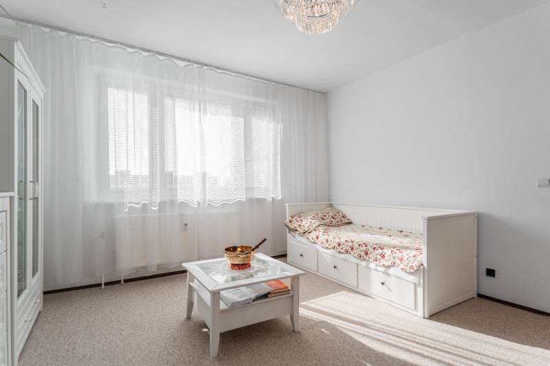 A bright room in a 4-room apartment with a sofa, a table, and curtains on the window.