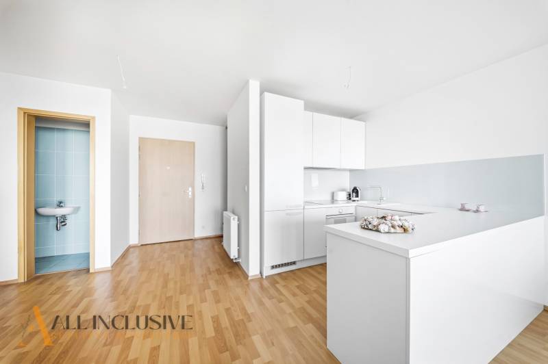 A kitchen in a 2-room apartment with white cabinets and a wooden decor floor.