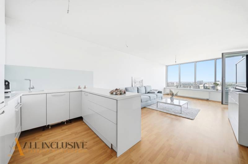 A bright kitchen with a living room, wood-patterned flooring, a sofa, large windows.