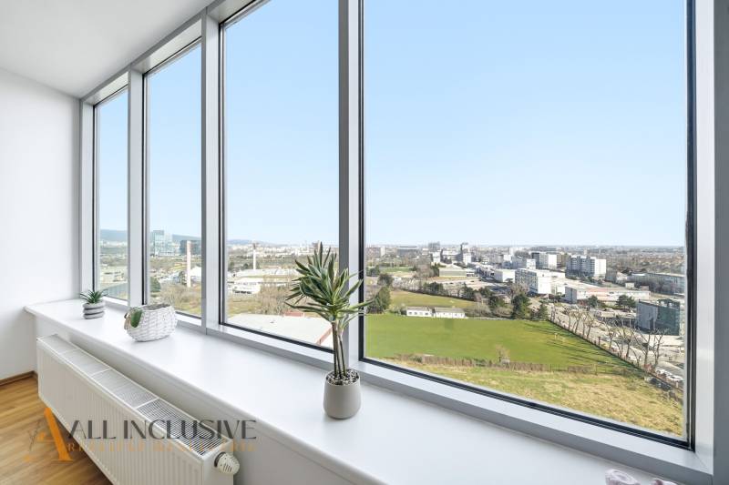 View from a 2-room apartment with large windows, indoor plants, wooden decor flooring.