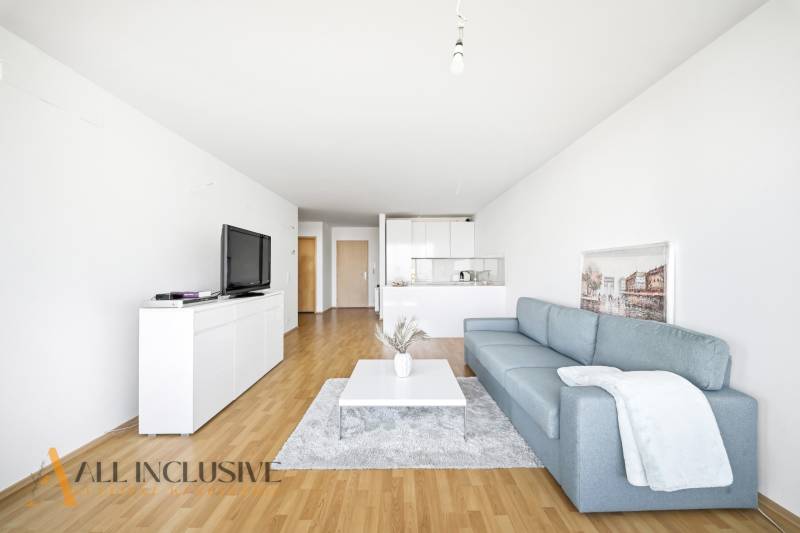 Living room with a blue sofa, white furniture, and a wood-patterned floor in a 2-room apartment.