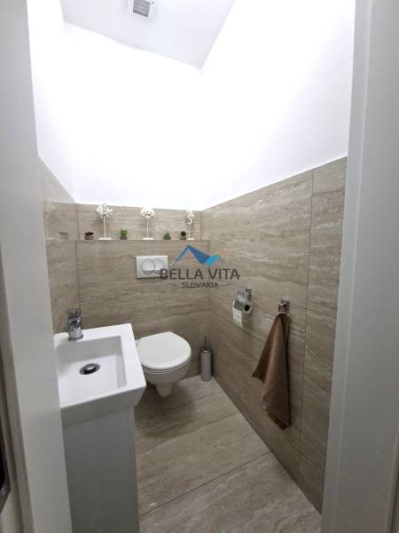 Compact toilet in a family house with a wooden decor floor, decorative details.