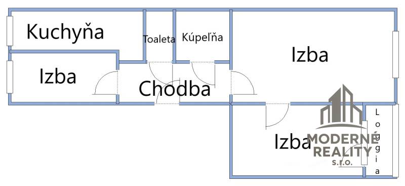 Floor plan of a 3-room apartment with a kitchen, bathroom, toilet, and loggia.