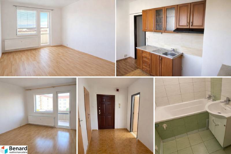 3-room apartment with wood-patterned flooring, kitchen and bathroom, bright rooms.