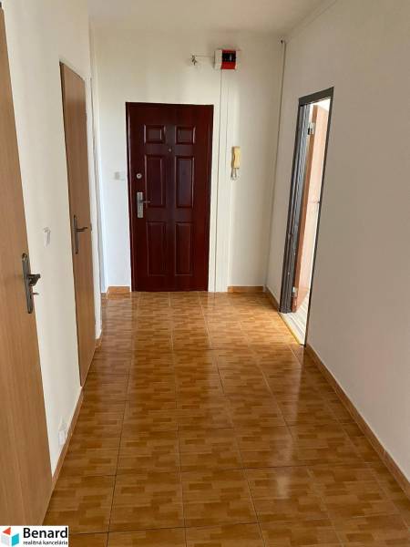 A hallway in a 3-room apartment with a wooden decor floor and wooden doors.