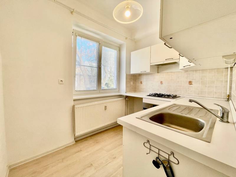A kitchen in a studio apartment with a wooden decor floor and a cooktop.