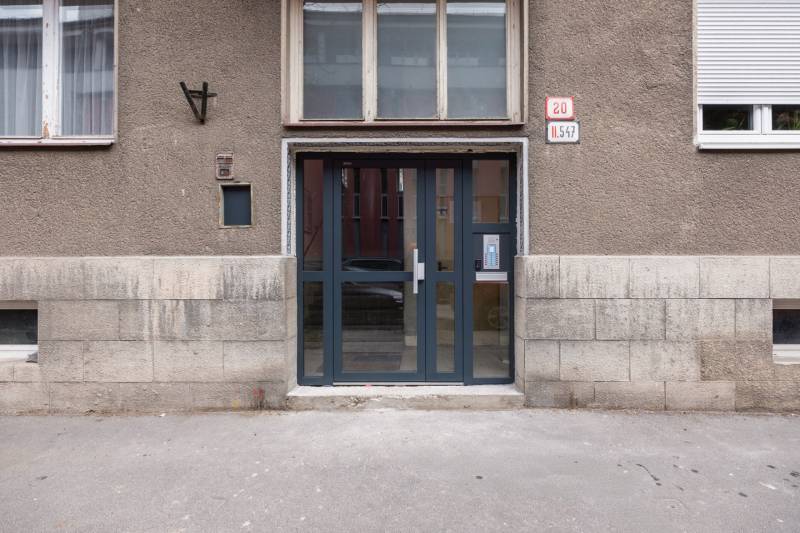 Entrance to the building in Bratislava - Ružinov with a door lock.