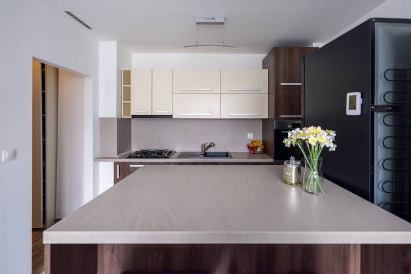 A kitchen in a 2-room apartment with a cooktop, dark cabinets, and flowers on the table.