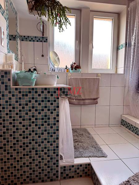 A bathroom in a 2-room apartment with square mosaic tiles and a plant.