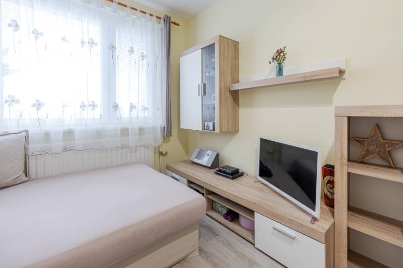 Interior of a 4-room apartment with a sofa, television, and furniture with a wooden decor.