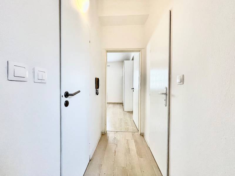 A bright hallway with a wood-patterned floor in a studio apartment.