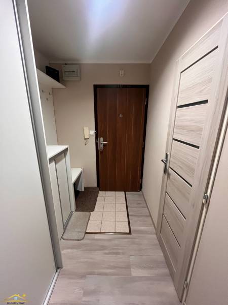 A hallway with a wooden decor floor, coat hooks, and doors in a 3-room apartment.