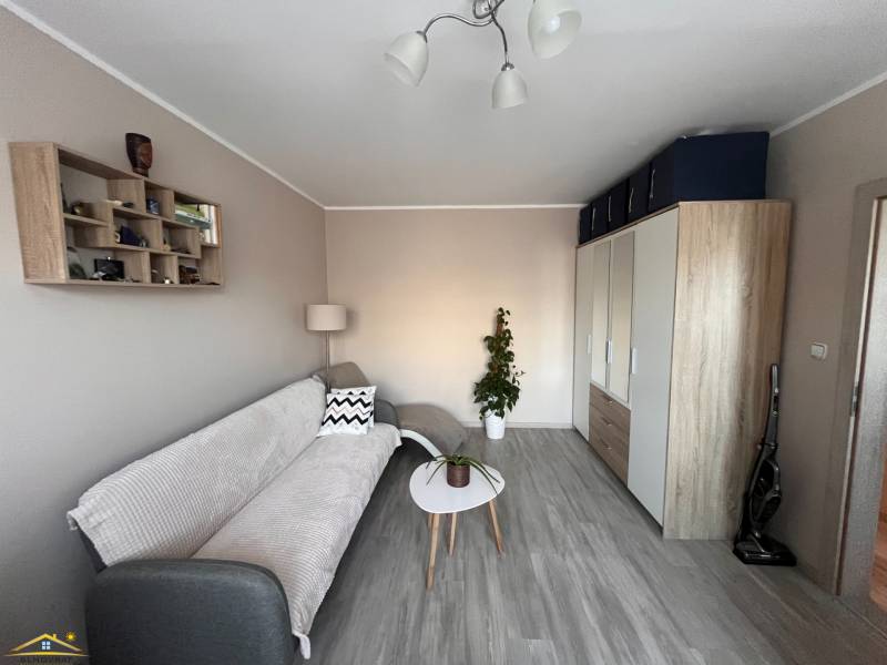A bright living space in a 3-room apartment with a wooden decor floor and a comfortable sofa.