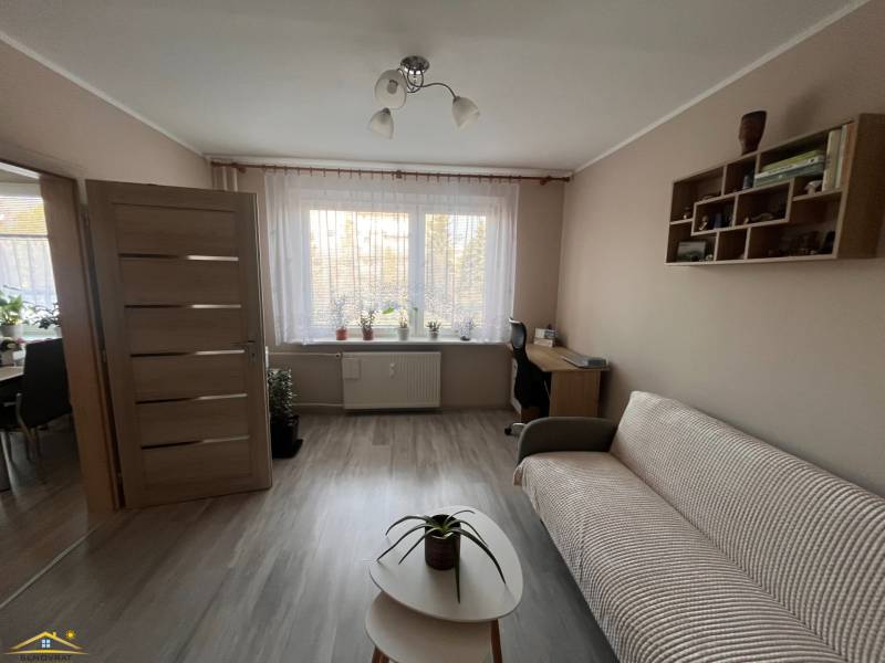 Living room in a 3-room apartment with a wooden decor floor, sofa, and table.