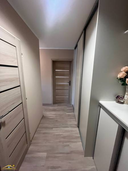 A hallway in a 3-room apartment with a wooden decor floor.