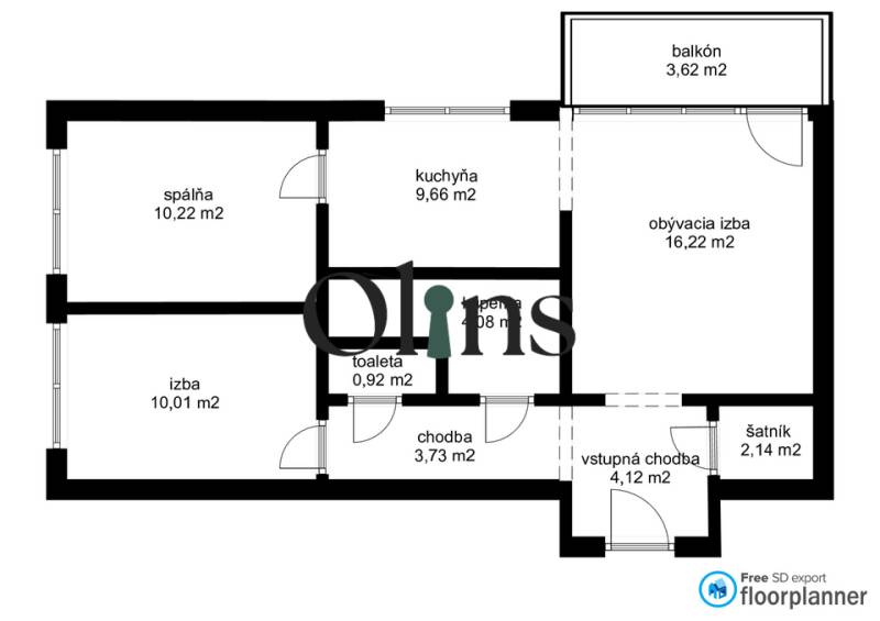 Floor plan of a 3-room apartment with the layout of rooms and a balcony.