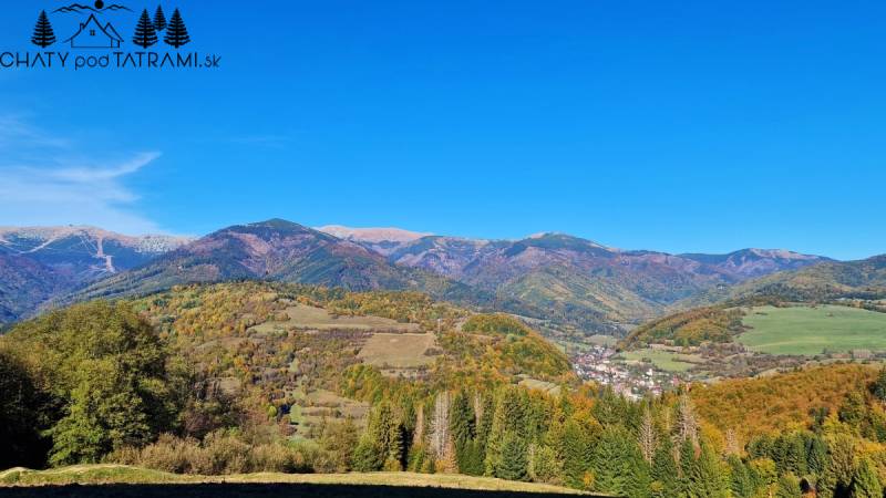 A view of the picturesque landscape around Mýto pod Ďumbierom and the surrounding mountains.