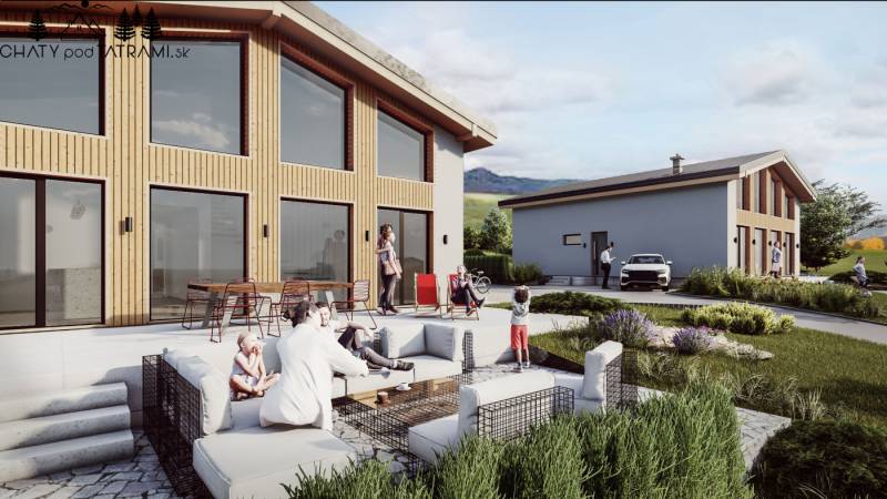 A cottage in Dolná Lehota with a terrace and seating area, surrounded by nature and modern architecture.