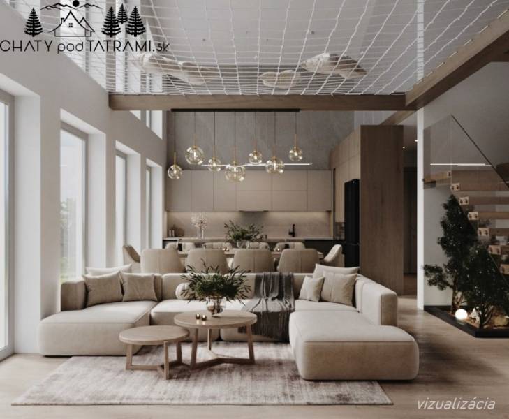 Elegant living room in a cabin with wood-patterned flooring and modern furniture.