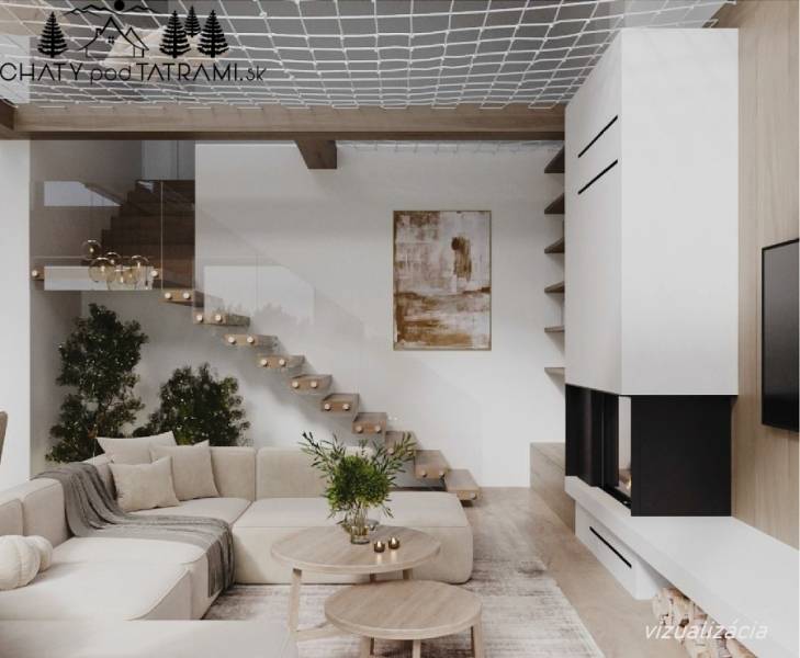 Bright living room in a cottage with a comfortable sofa and wooden decor flooring.