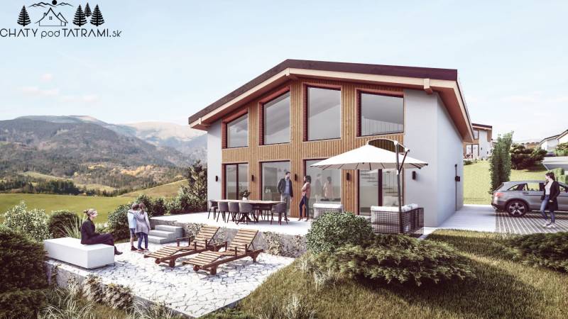 A cottage in Dolná Lehota with a terrace and mountain views, seating area and loungers.