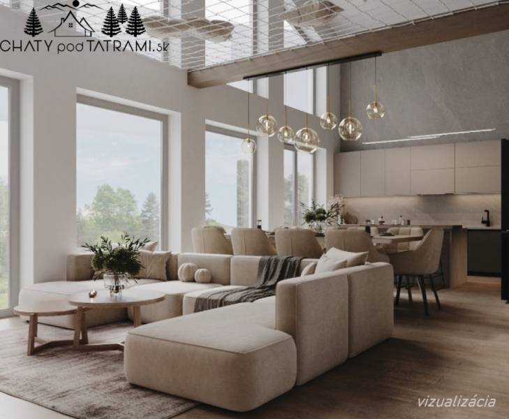 A spacious living area with a sofa and large windows in a cabin, floor with wood decor.