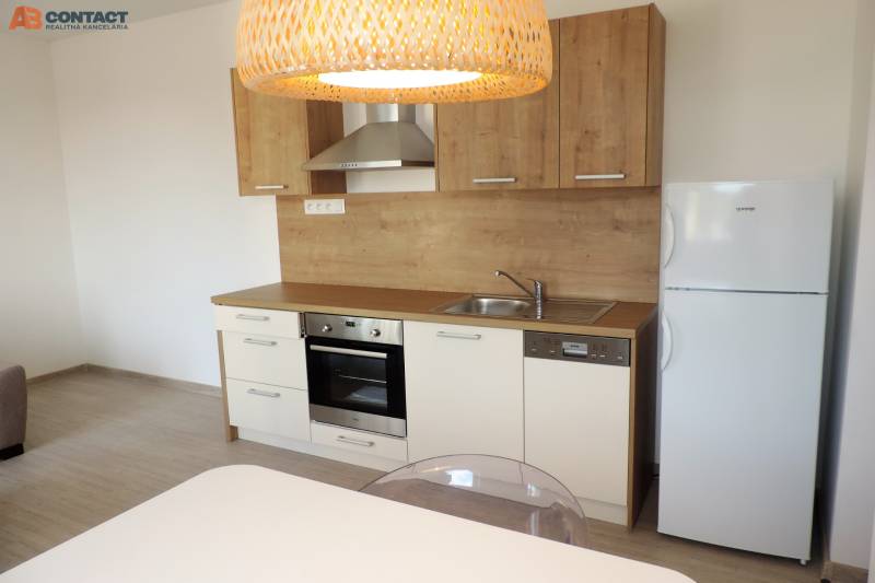A kitchen in a studio apartment on Bodona Street with wooden cabinets, a stove, and a refrigerator.
