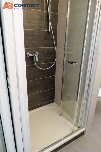 Shower enclosure with doors located in a studio apartment on Bodona Street.