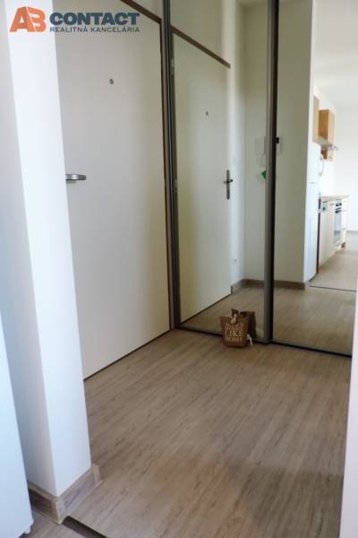 A hallway with white doors and a mirrored wardrobe, laminate flooring leads to the kitchen.