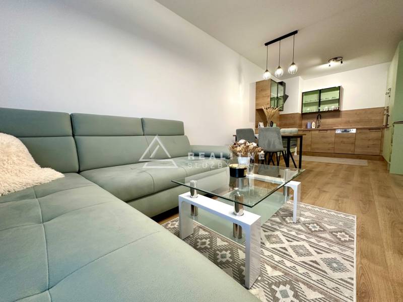 Living room in a 2-room apartment with a wooden decor floor and a comfortable sofa.
