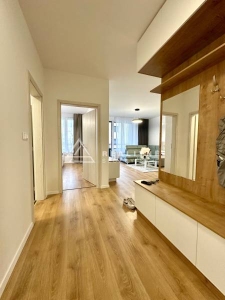 A hallway in a 2-room apartment with a wooden decor floor and built-in furniture.