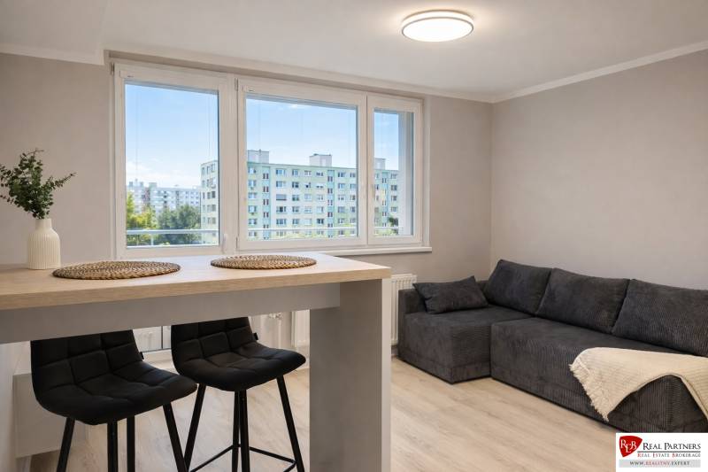 Living room in a two-room apartment with a sofa, bar table, and chairs.