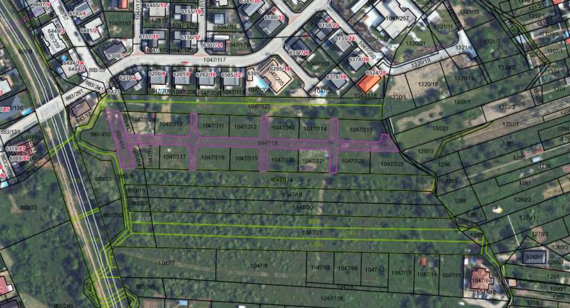 Cadastral territory of Pezinok with marked plots suitable for housing.