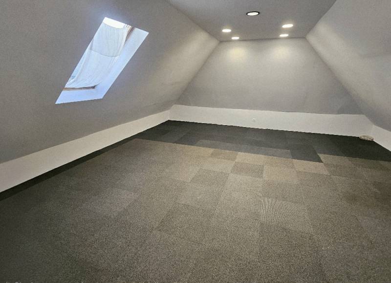 Attic space with carpet in commercial premises, skylight, spot lighting.
