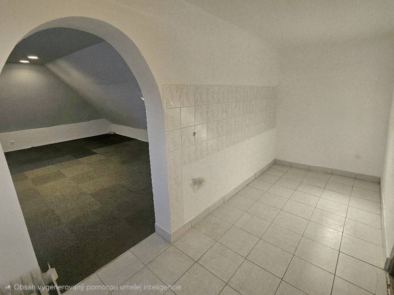 Interior of commercial spaces with a vaulted passage and combined flooring.