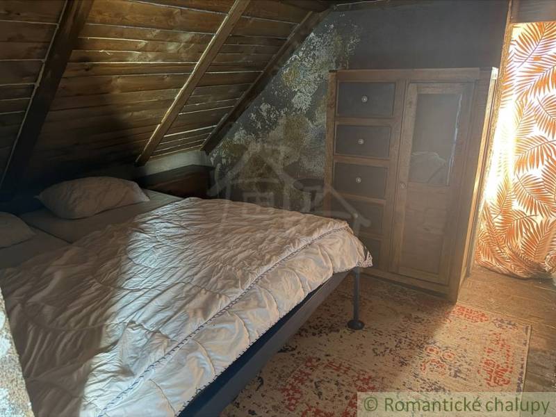 Attic in a family house with wooden paneling, a bed, and a dresser with a carpet.
