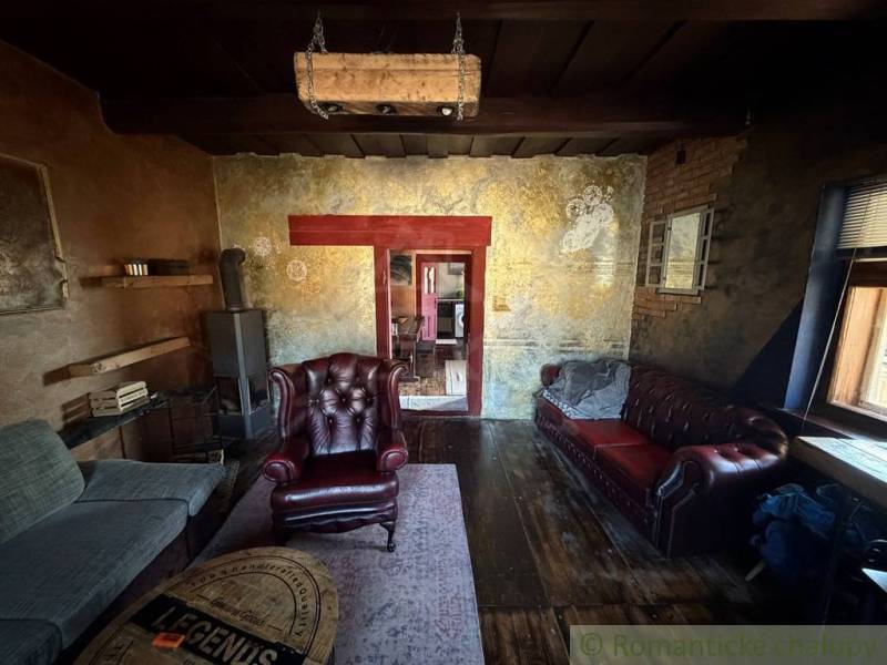 Rustic living room in a family house with leather armchairs and a wooden decor floor.