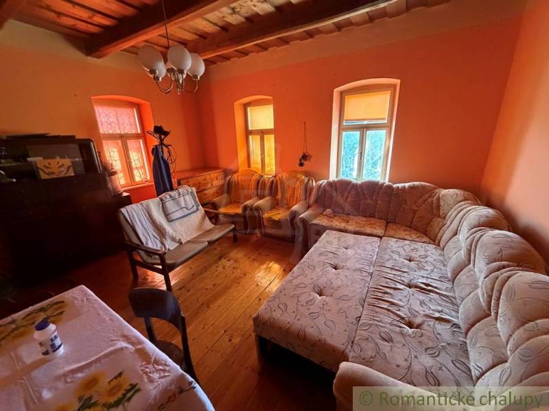 Living room in a family house with a large couch and a wooden decor floor.