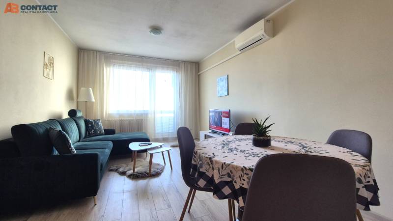 Living room in a two-room apartment with a sofa, dining table, and wooden decor flooring.