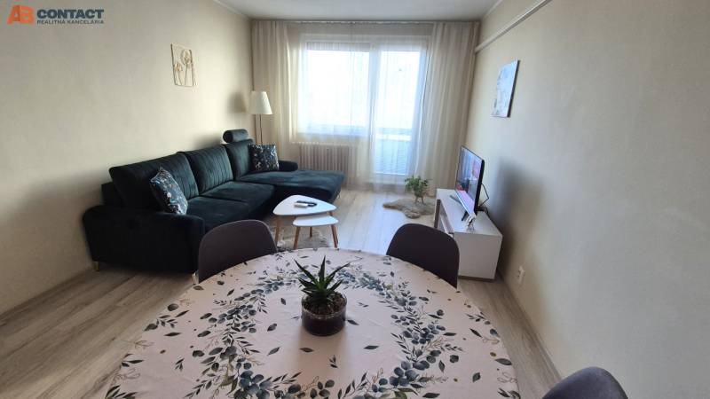 Living room with a dark sofa, dining table, and wooden decor flooring in a 2-room apartment.