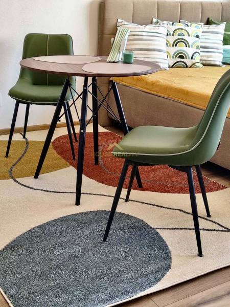 Interior of a 1-room apartment with a colorful carpet, table, and green chairs, floor with decor.