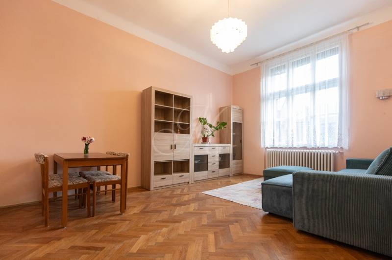 Living room in a 3-room apartment with a wooden decor floor, sofa, and furniture.